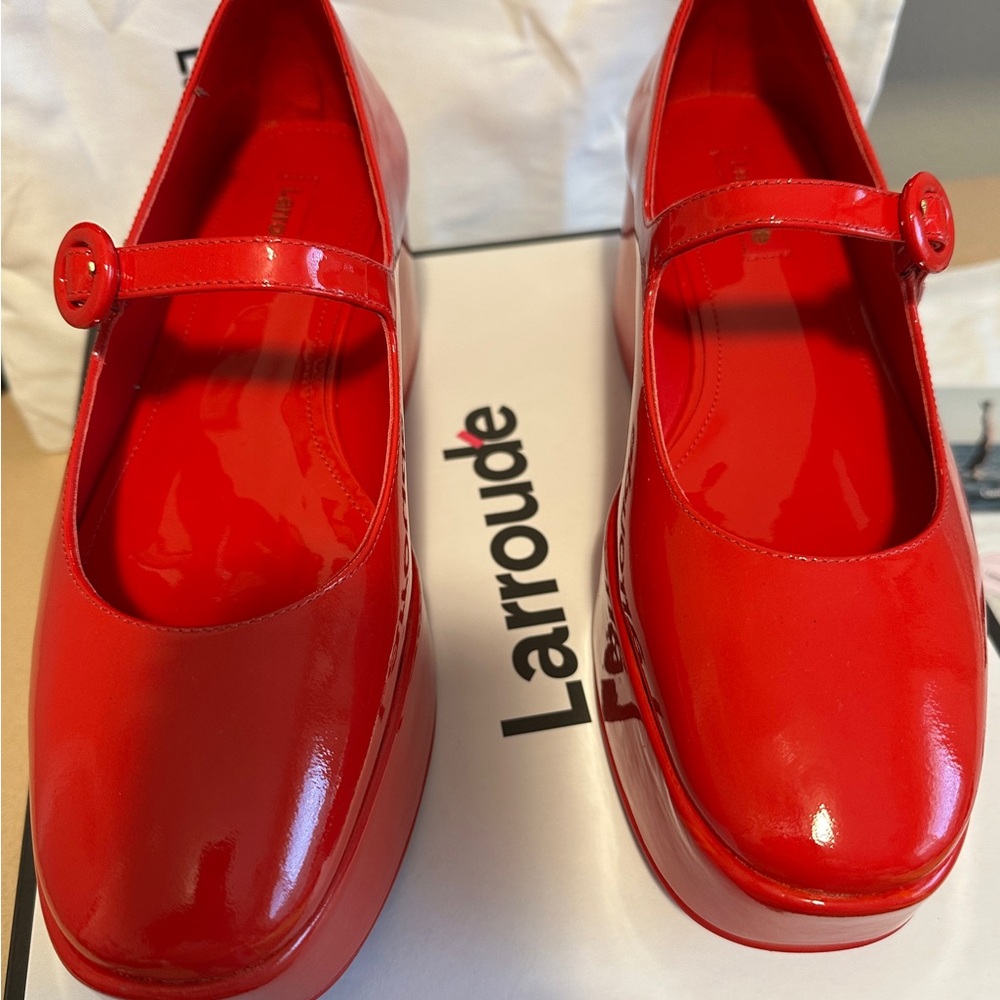 Larroude Red Pattent Leathet “Blair” Platform Mary Jane Shoes
